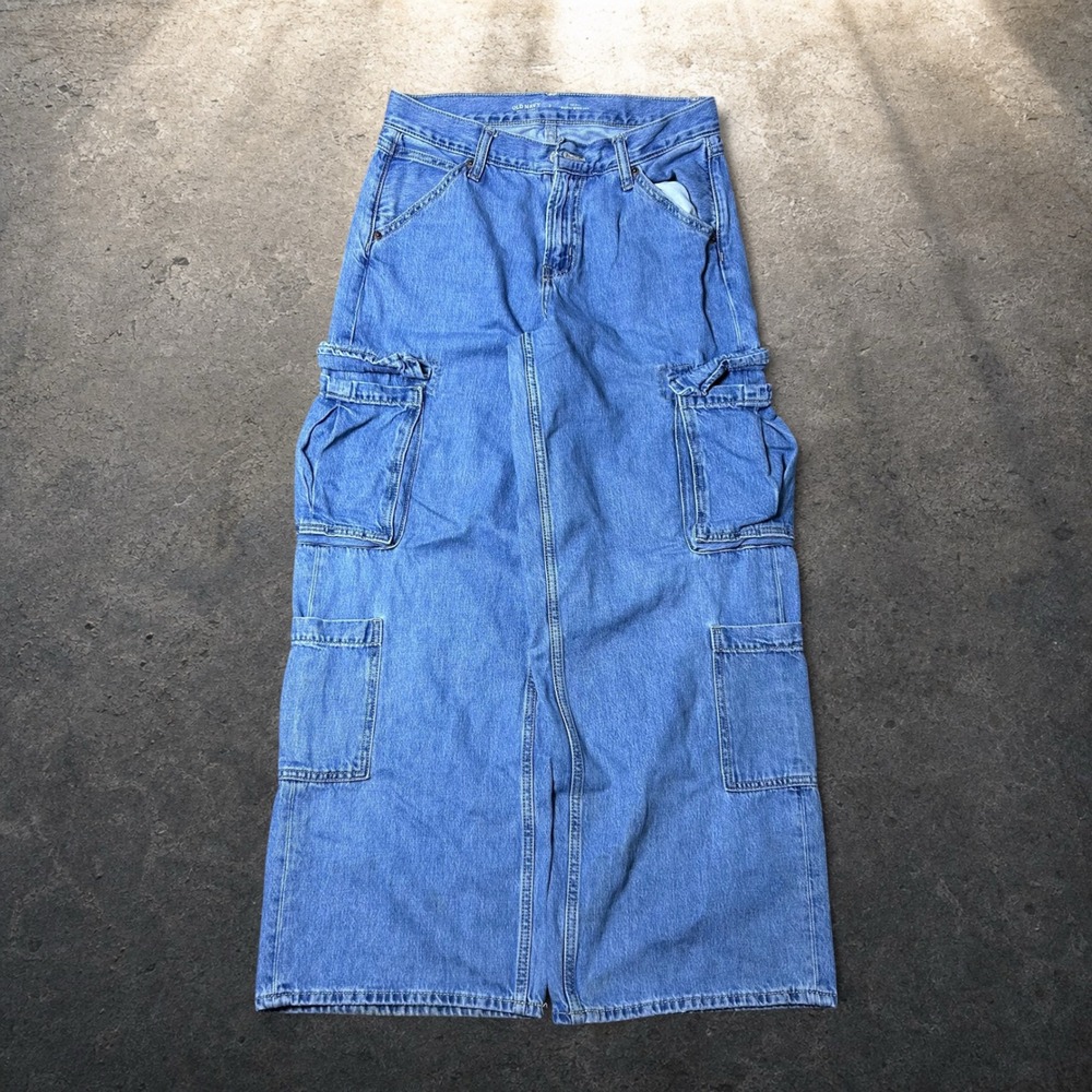 Old Navy Mid-Rise Baggy Wide Leg Cargo Jeans Blue Denim Y2K Skater Size 2